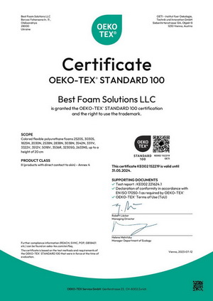 сертификат соответствия на матрасы: Pena_Certificate OEKO-TEX-Best-Foam-Solutions-31,05,2024